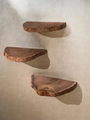 Produktbild von Wandregal 3er Set Akazie Vollholz Hängeregal Baumscheibe, Natur Pflanzentreppe für die Wand, Schweberegal Hängend mit Baumkante, Blumentreppe Baumstamm Modern