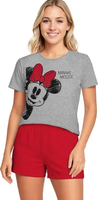 Produktbild von Disney Minnie Mouse Schlafanzug für Damen - Pyjama Set Kurzarm Oberteil mit Shorts Grau/Rot L