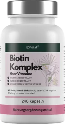 Zdjęcie produktu dla Kapsułki z kompleksem biotyny o wysokiej dawce 10 000 µg biotyny na dawkę dzienną, 240 kapsułek od EXVital