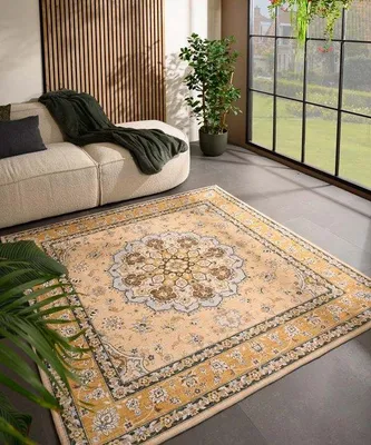 Image de Tapis d'extérieur vintage Unyqoos®, forme carrée, Valenca Nova, couleur jaune, 115x115 cm – Structure en maille 3D, lavable, pour intérieur et extérieur