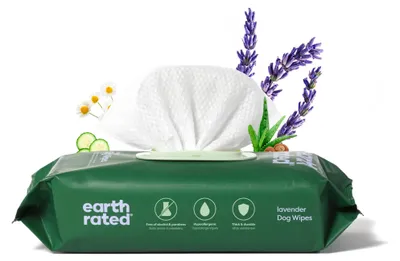 Image de Earth Rated Lingettes humides pour chiens, nouvelle apparence, lingettes épaisses à base de plantes pour une application facile sur les pattes, le corps et les fesses, parfum de lavande, 100 pièces
