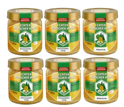 Produktbild von Echter Deutscher Honig - 6 Gläser - Set aus je 2x 500g Blütenhonig, Sommerblütenhonig, Sommertracht…