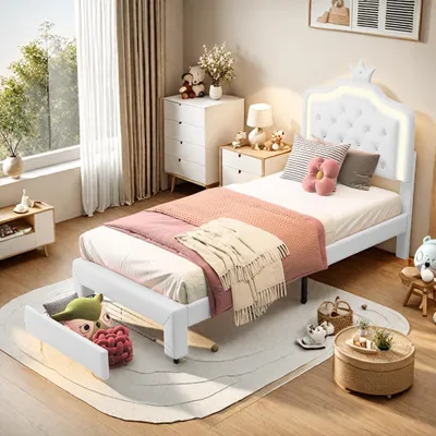 Obrázok produktu pre ProximaX Táto moderná jednolôžková posteľ (90 x 200 cm) je biela, vyrobená z vysokokvalitnejPolyuretánkože a má čelo s LED diódami. Je štýlová a praktická a je vhodná do spální aj izieb pre mladých.