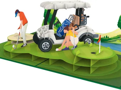 Imagen del producto de Tarjeta de felicitación pop-up en 3D con temática de golf, tipo tarjeta desplegable con motivo de un caddie de golf, para golfistas, 1 unidad
