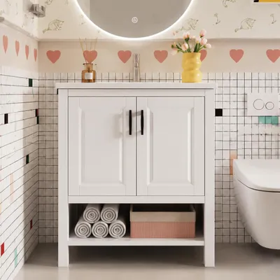 Zdjęcie produktu dla Nowoczesna, wolnostojąca szafka pod umywalkę z zintegrowaną ceramiczną umywalką, dwudrzwiową szafką i otwartymi półkami, w kolorze białym, oferująca dużą przestrzeń do przechowywania. Wymiary: 76,5 x 47 x 83 cm.