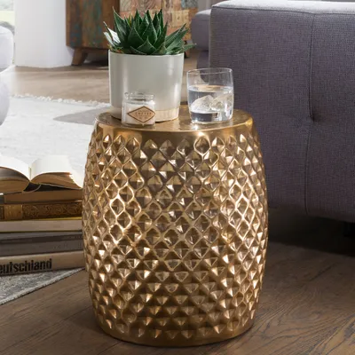 Produktbild von WOHNLING Beistelltisch 32x42x32 cm Aluminium Anstelltisch Gold Orientalisch Rund Flacher Hammerschlag Sofatisch Metall Wohnzimmertisch Modern