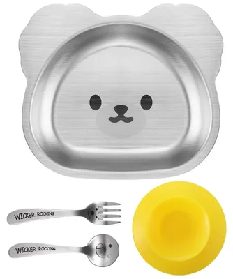 Image de Omgoods - Assiette pour enfants en forme d'ours - Acier inoxydable - Ventouse en silicone - Antidérapant - Plateau de repas - Sûr pour les tout-petits - Assiette pour bébé