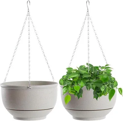 Produktbild von Hängepflanzkübel 2er Set 23 cm runde Hängepflanztöpfe für draußen mit Entwässerungsöffnungen und abnehmbarer Gartenunterlage