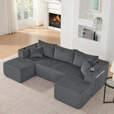Produktbild von MODFU Modulares Ecksofa L-Form 3-Sitzer aus Cordstoff, Wohnlandschaft mit 2 Ottomanen, Getränkehalter und Seitentaschen,Polstersofa mit Kissen,Grau