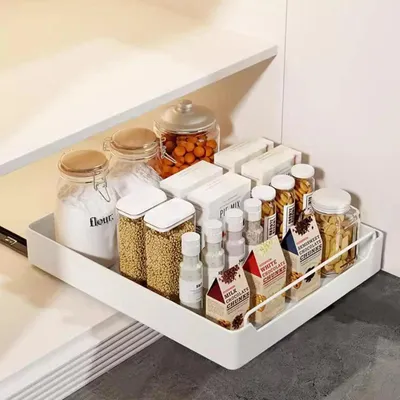 Produktbild von Teleskop Schublade Küche - Ausziehbarer Küchenschrank Organizer - Metall - 43 x 35 x 7 cm - Ohne Bohren - Wasserdicht - BPA-frei