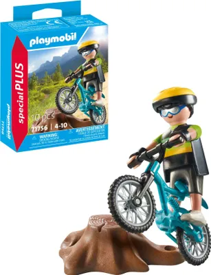 A Playmobil mountain biker toy set, with the product box and a separate display of the toy.