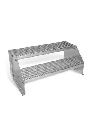 A two-step metal staircase with a galvanized finish, presented against a plain white background.