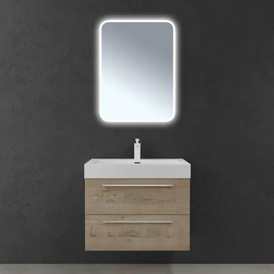 Produktbild von doporro Badmöbel-Set Waschbeckenunterschrank mit Soft-Close in Eiche Greige 73x48x60cm Waschplatz komplett Set inkl. Mineralguss-Waschbecken und Led-spiegel Quadratto