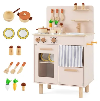 Produktbild von COSTWAY Kinderküche Holz, Spielküche mit Herd, Spüle, Stauraum, Kochset, Spiellebensmittel & Massivholzbeinen,Puppenküche,Spielzeugküche für Kinder 3+