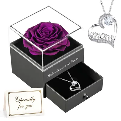 Echte ewige Rose in Geschenkbox mit Silberkette, lila