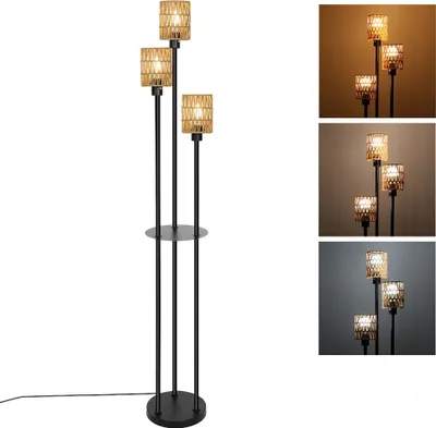 Image de 180cm Rotin Lampadaire Boho Vintage Lampadaire avec 3 températures de couleur E27 ampoule et interrupteur à pied pour chambre à coucher salon bureau, noir