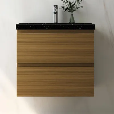 Produktbild von Waschtisch mit Unterschrank 60cm Alast Badmöbel Set Walnussbraun Waschbecken Schwarz mit Unterschrank Softclose