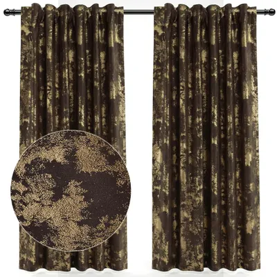 Produktbild von 2 Stück Samt Vorhänge Blickdicht, Braun Kräuselband Vorhang, Golddruck Verdunkelung Thermo Samtvorhang Für Wohnzimmer Schlafzimmer, 132x274cm