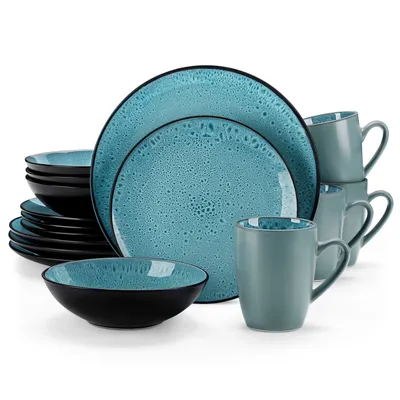 Produktbild von vancasso, Tafelservice aus Porzellan, 16-tlg Kombiservice, Geschirrset mit Schalen, Becher, Dessertteller, Speiseteller für 4 Personen, grün