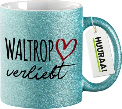 Produktbild von Huuraa Glitzertasse Waltrop verliebt 330ml Blau Keramik Kaffeebecher Geschenkidee