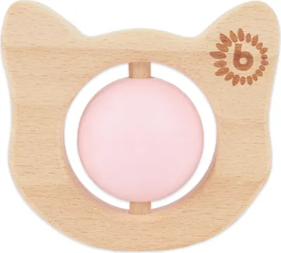Produktbild von Bieco Katzen Beißring Holz mit Silikon Ball, Rosa, 7,5 cm | ab 0 Monate | Zahnungshilfe Baby | Baby Greifling Holz & Silikon | Beissring Für Baby Zum Zahnen | Motorikspielzeug Baby | Beißring Baby