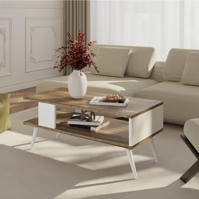Produktbild von Couchtisch Lycksele Beistelltisch Wohnzimmertisch mit Stauraum rechteckig Walnuss-Optik Weiß mit unterer Ablage Sofatisch