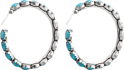 Produktbild von Türkisfarbene Creolen im Vintage-Stil, kreisförmige Statement-Ohrringe, eleganter plattierter Schmuck für Frauen