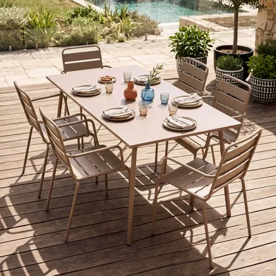 Image de Ensemble table de jardin et 6 fauteuils en métal taupe - Oviala Palavas