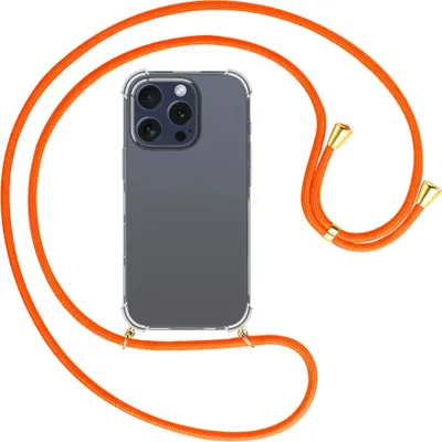 Produktbild von Handykette Backcover-Schutzhülle mit Band (Metall goldfarben) für iPhone 16 Pro - neonorange
