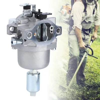 A carburetor is shown in the foreground, with a person using a lawnmower in the background.