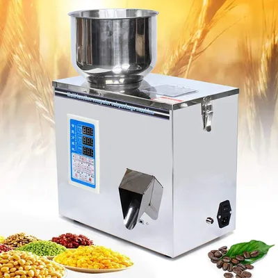A stainless steel granular filling machine with a digital display, shown with various grains and coffee beans in the foreground, against a background of wheat stalks.