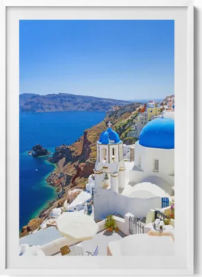 Produktbild von Blick auf die Architektur von Griechenland– Wandbild mit Rahmen – Gerahmtes Bild  – Wanddekoration – 70x100 cm –  Weiß Rahmen