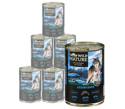 Produktbild von Dehner Wild Nature Hundefutter Gebirgssee, Nassfutter getreidefrei / zuckerfrei, für ausgewachsene Hunde, Lachs / Huhn, 6 x 400 g Dose (2.4 kg)