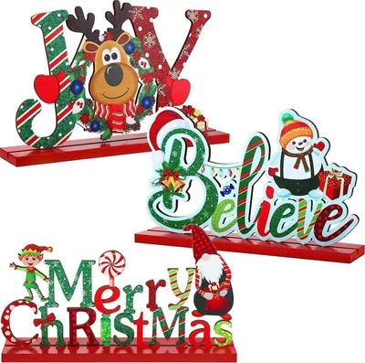 Produktbild von Holz Weihnachts Tischdekoration Schneemann Rentier Merry Christmas Joy Believe