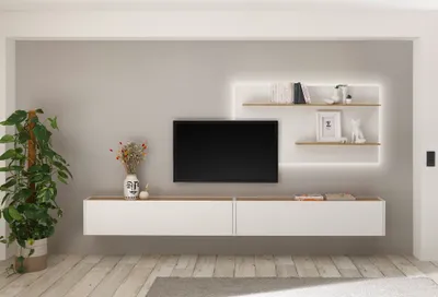 Produktbild von Mediawand hängend CRISP-61 inkl. Beleuchtung in weiß mit Absetzungen in Wotan Eiche Nb., B/H/T: ca. 300/180/30 cm