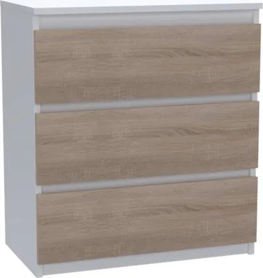 A front view of a white and wood-grain dresser with three drawers.