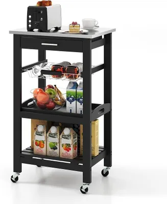 Imagen del producto de Carrito de cocina con ruedas, estante de cocina con superficie de trabajo, carro de servicio con cajón, cesta y bandeja, carro con ruedas de acero inoxidable y madera, isla de cocina, carro de cocina moderno, 47x39x85 cm ()