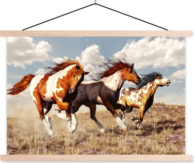 Produktbild von MuchoWow® Textilposter Pferde - Tiere - Gras - Fell 120x80 cm mit holzfarbenen Rahmen - Aufhängeset