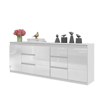 Produktbild von Kommode 200 Cm – Weiß Matt / Weiß Hochglanz, 6 Schubladen, 3 Türen, 3 Einlegeböden, Set Aus Zwei Kommoden, Wohnzimmer