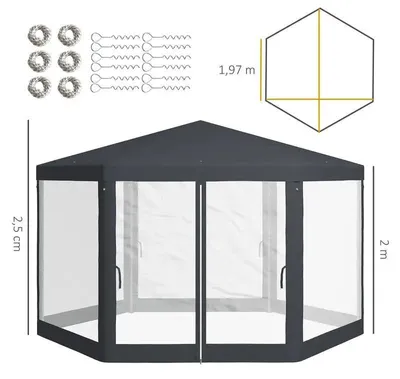 Obrázek produktu pro Zahradní pavilón – šestihranný stanový pavilón – kovová konstrukce – boční stěny z pletiva s moskytiérou – rozměry 3,94 x 3,41 x 2,5 m – barva: armádní zelená