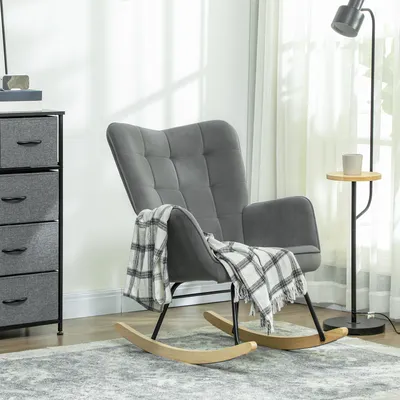Zdjęcie produktu dla Fotel bujany HOMCOM, aksamitny fotel bujany z podłokietnikami, tapicerowany fotel z drewnianą podstawą, fotel relaksacyjny do salonu, sypialni, nośność do 120 kg, ciemnoszary