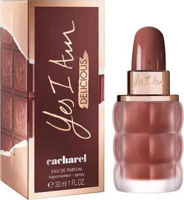 A bottle of Cacharel Yes I Am Delicious Eau de Parfum and its packaging are displayed against a white background.