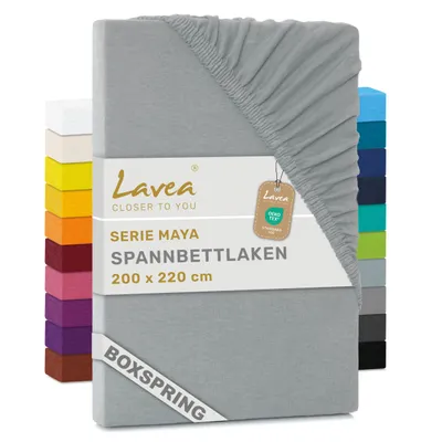 Produktbild von Lavea® Spannbettlaken 200x220 cm - Boxspringbett, Jersey, 40 cm Steghöhe, 100% Baumwolle, weich, atmungsaktiv, pflegeleicht, formstabil - Silber