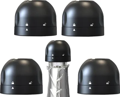 A set of five black bottle stoppers, with one stopper shown on a bottle neck.