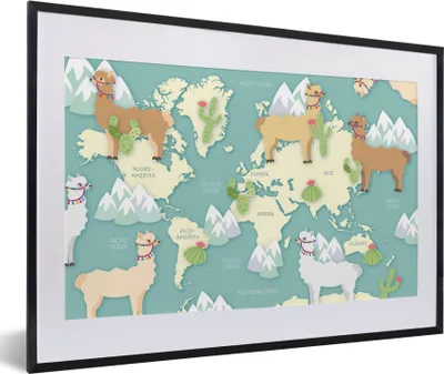 Produktbild von MuchoWow® MuchoWow® Gerahmtes Poster Weltkarte - Alpaka - Berge 60x40 cm - Poster mit zchwarzem Bilderrahmen - Schlafzimmer - Plakat in Rahmen - Drucken