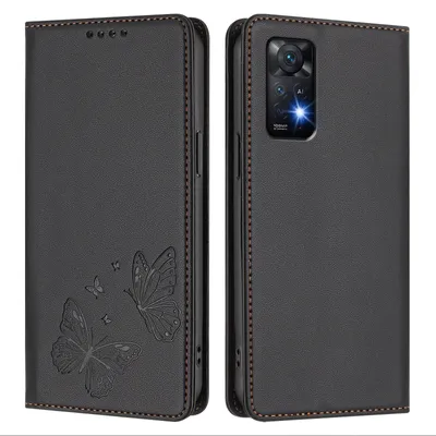 Produktbild von Lederhülle für Xiaomi Redmi Note 11 Pro 5G/4G/Note 12 Pro 4G, Schmetterling Prägung Leder Brieftasche Schutzhülle mit Ständer Schwarz
