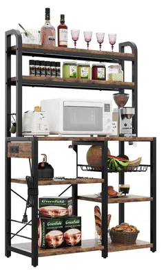 Image de Étagère de cuisine avec 6 niveaux - Support pour micro-ondes de 90 cm avec prise électrique - Armoire et étagères ouvertes - Métal et osier - Marron