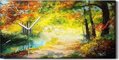 Produktbild von Küche Wohnzimmer Wand Leinwand Uhr 60x30 Wald See Herbst Landschafts Park Baum - weiße Hände