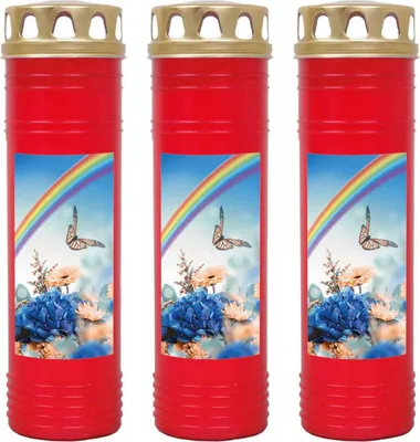 Produktbild von Grabkerze Rot 3er Pack, Brenndauer: 170 Stunden ( je Kerze ), Motiv: Regenbogen