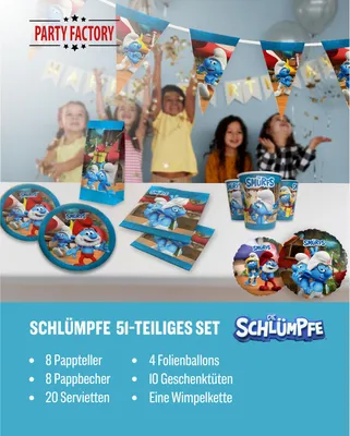 Produktbild von Die Schlümpfe 51-tlg. Party Set – Deko mit Bechern Tellern Servietten Tüten